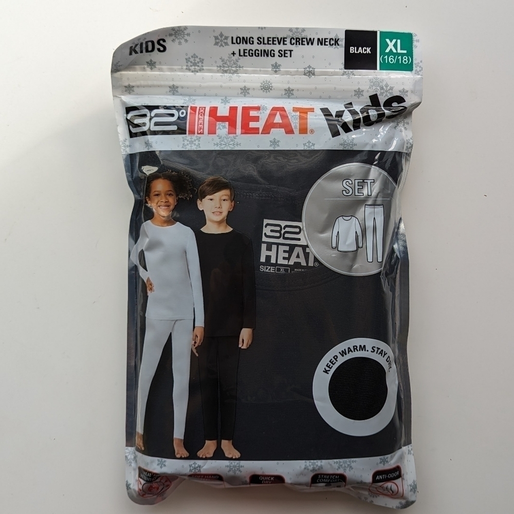32 Degrees Heat Kid's Black Thermal Underwear Base Layer Set,  size XL 16/18 NWT
